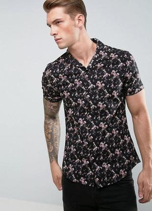 Черная эластичная приталенная рубашка с цветочным принтом от asos