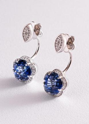 Золоті сережки — джекети "квіточки" із синіми 
сапфірами з10051 фото
