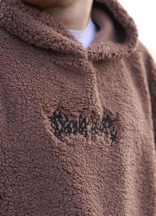 Толстовка мужская плюшевая зимняя poison коричневая кофта теплая с капюшоном худи мужское шерпа зима