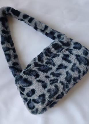 Блакитна плюшева сумочка (принт леопард)4 фото