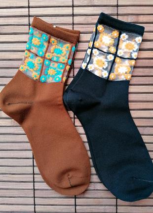 Комбинированные носки с вышивкой/сетка/коричневый/тренд/новая коллекция3 фото