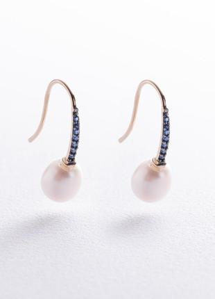 Золоті сережки — петельки "олівія" з перлами 
і фіанітами с085151 фото