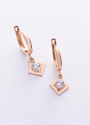 Золотые серьги "ромбики" с фианитами с07021