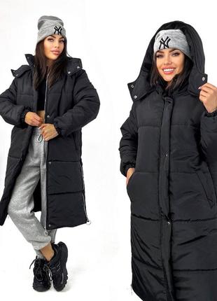 Стильна жіноча довга подовжена чорна сіра зимова куртка пуховик жіночий зима наложка...