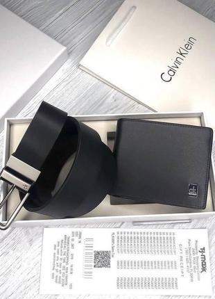 Мужской кожаный кошелек  calvin klein портмоне из натуральной кожи и ремень в подарочной упаковке