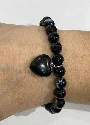 Браслет с кулоном из натурального камня глазковый черный агат гладкие шарики - оригинальный подарок девушке3 фото