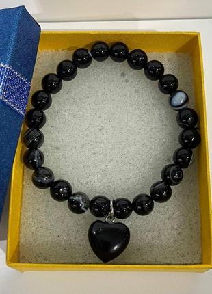 Браслет с кулоном из натурального камня глазковый черный агат гладкие шарики - оригинальный подарок девушке4 фото