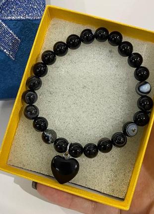Браслет с кулоном из натурального камня глазковый черный агат гладкие шарики - оригинальный подарок девушке2 фото