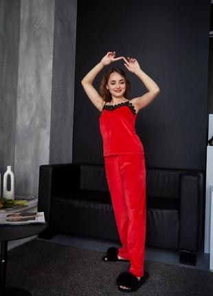 Женская велюровая пижама майка штаны с кружевом 904 красная3 фото
