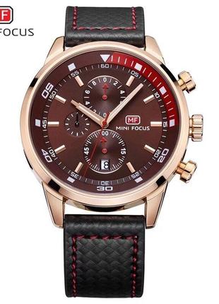 Мужские часы хронограф. часы с коричневым циферблатом. часы с карбоновым ремешком mini focus w17, золотой
