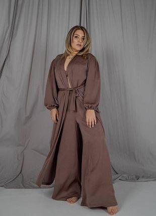 Женский костюм в пижамному стиле diana комплект тройка бра халат штаны для девушек шелк вискоза цвет капучино