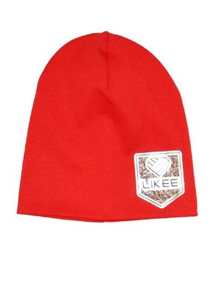 Шапка девочке от 5 до 12 лет с нашивкой likee морквяная 52/55