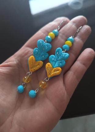 Довгі жовті блакитні українські сережки з полімерної глини та кришталевих намистин2 фото