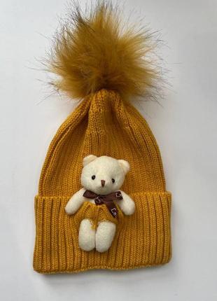 Шапка теплая для девочки с мишкой teddy bear 5-15 лет желтая 50-54см