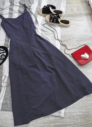 Лёгкий темно-синий сарафан в мелкий горошек платье на бретельках