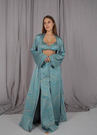 Жіночий піжамний костюм helen з тканини італійський шовк, колір блакитний шовковий комплект, трійка бра халат штани6 фото