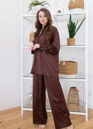 Женская шелковая свободная пижама оверсайз рубашка и штаны 2 в 1 костюм в пижамном стиле для дома цвет шоколад1 фото