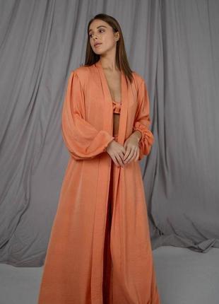 Женский костюм в пижамному стиле diana комплект тройка бра халат штаны для девушек шелк вискоза цвет оранжевый3 фото