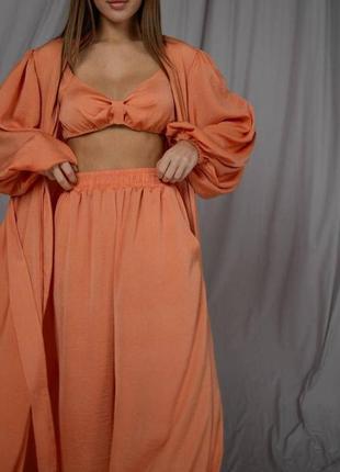 Женский костюм в пижамному стиле diana комплект тройка бра халат штаны для девушек шелк вискоза цвет оранжевый5 фото