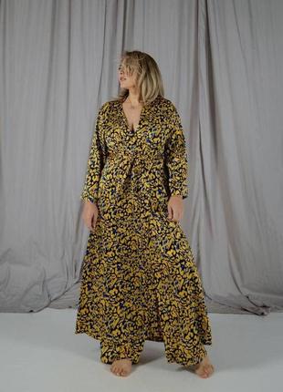 Женский пижамный костюм helen из ткани итальянский шелк цвет желтый шелковый комплект тройка бра халат штаны