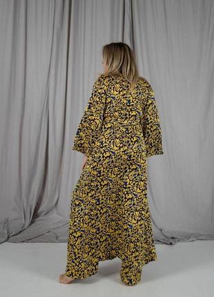 Женский пижамный костюм helen из ткани итальянский шелк цвет желтый шелковый комплект тройка бра халат штаны3 фото
