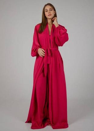 Женский костюм в пижамному стиле diana комплект тройка бра халат штаны для девушек шелк вискоза цвет малиновый5 фото