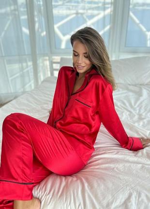 Стильна жіноча піжама для дому та сну з якісної тканини турецький шовк сатин жіноча піжама червоного кольору