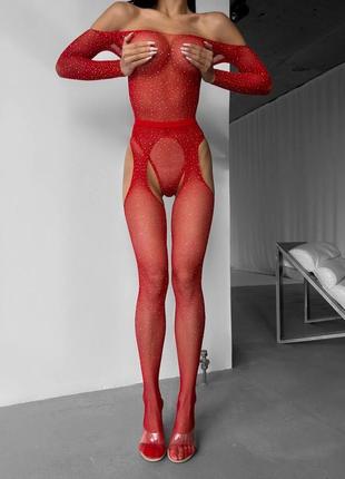 Комплект сітка, жіночий еротичний комплект червоний зі стразами, розмір s/l