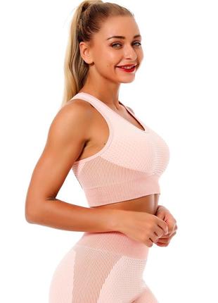 Женский спортивный топ для фитнеса, йоги, розовый (майка, футболка, костюм, комплект)3 фото