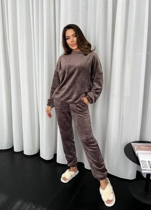 Теплая махровая пижама на меху с свитером с брюками с кошенями с манжетами на резинке одежда для дома домашний костюм