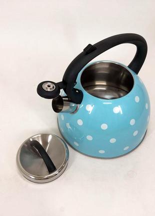 Чайник із свистком для газової плити unique un-5301 2,5л горошок, металевий чайник. колір: блакитний3 фото