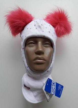 Шлем-шапка зимовий для дівчаток із помпонами agbo а-27 білий2 фото