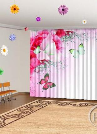 Фото шторы в детский сад  "красные ирисы и бабочки" - любой размер