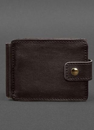 Кожаное портмоне с зажимом для купюр, на кнопке темно-коричневое краст 13.1