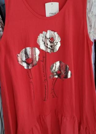 Коралловое платье в цветы, размер оверсайз, италия.1 фото
