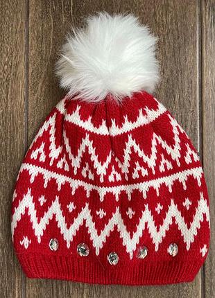 1. стильная вязаная шапочка со стразами и с белым бубоном aeropostale размер один, на подростка и взрослого