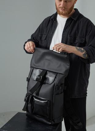 Черный кожаный рюкзак роллтоп, городской, вместительный портфель мужской3 фото