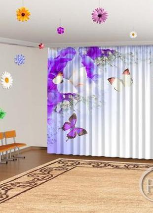 Фото шторы в детский сад  "фиолетовые ирисы и бабочки" - любой размер