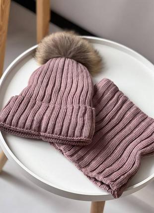 Зима єврозима дитяча шапка з натуральним хутровим пампоном унісекс 2-9 років для хлопчика та дівчинки з бубоном