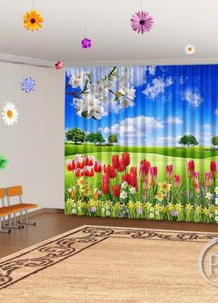 Фото шторы в детский сад  "весенние цветы на поле" - любой размер