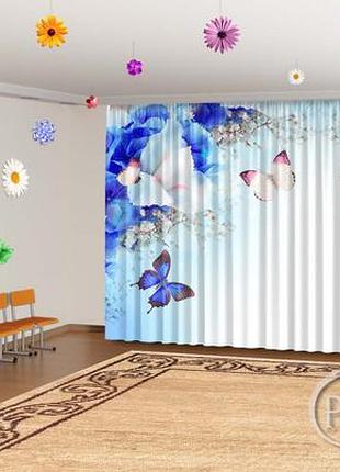 Фото шторы в детский сад  "синие ирисы и бабочки" - любой размер
