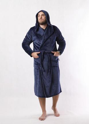 Мужской махровый комплект халат с пижамой тёмносиний3 фото