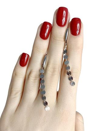 Стильные серебряные сережки подвески без камней длинные женские серьги с кругами из серебра английский замок2 фото