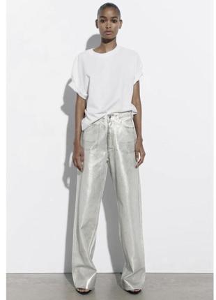 Трендовые серебряные широкие джинсы zara wide leg3 фото