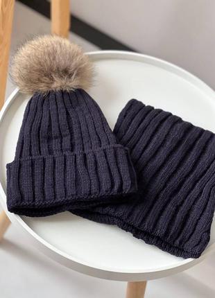 Зима єврозиму дитяча шапка з натуральним хутряним пампоном унісекс 2-9 років для хлопчика та дівчинки з бубоном