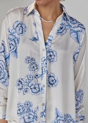 Шёлковая рубашка женская молочная белая синяя із зі с цветами2 фото