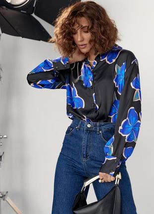 Шёлковая рубашка женская чёрная синяя электрик із зі с цветами6 фото