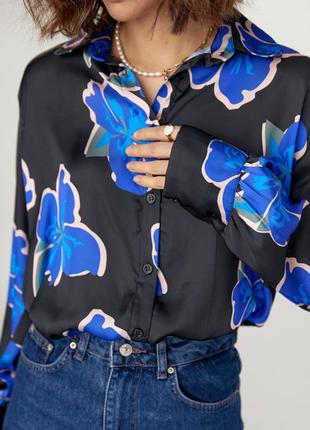 Шёлковая рубашка женская чёрная синяя электрик із зі с цветами4 фото
