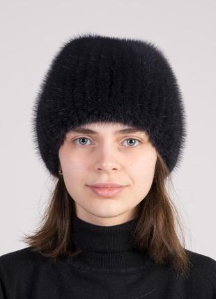 Женская вязаная шапка бини с натуральным мехом норки1 фото