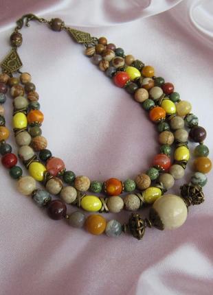 Ожерелье из агата, яшмы, змеевик, керамики " краски леса"2 фото